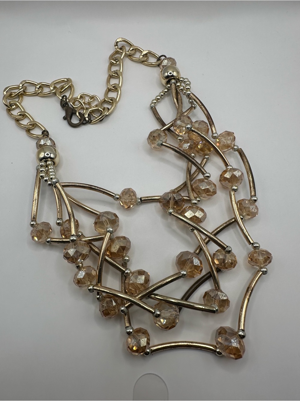Vintage Gold Tone Multi Strand Statement Necklace Faceted Champagne Beads